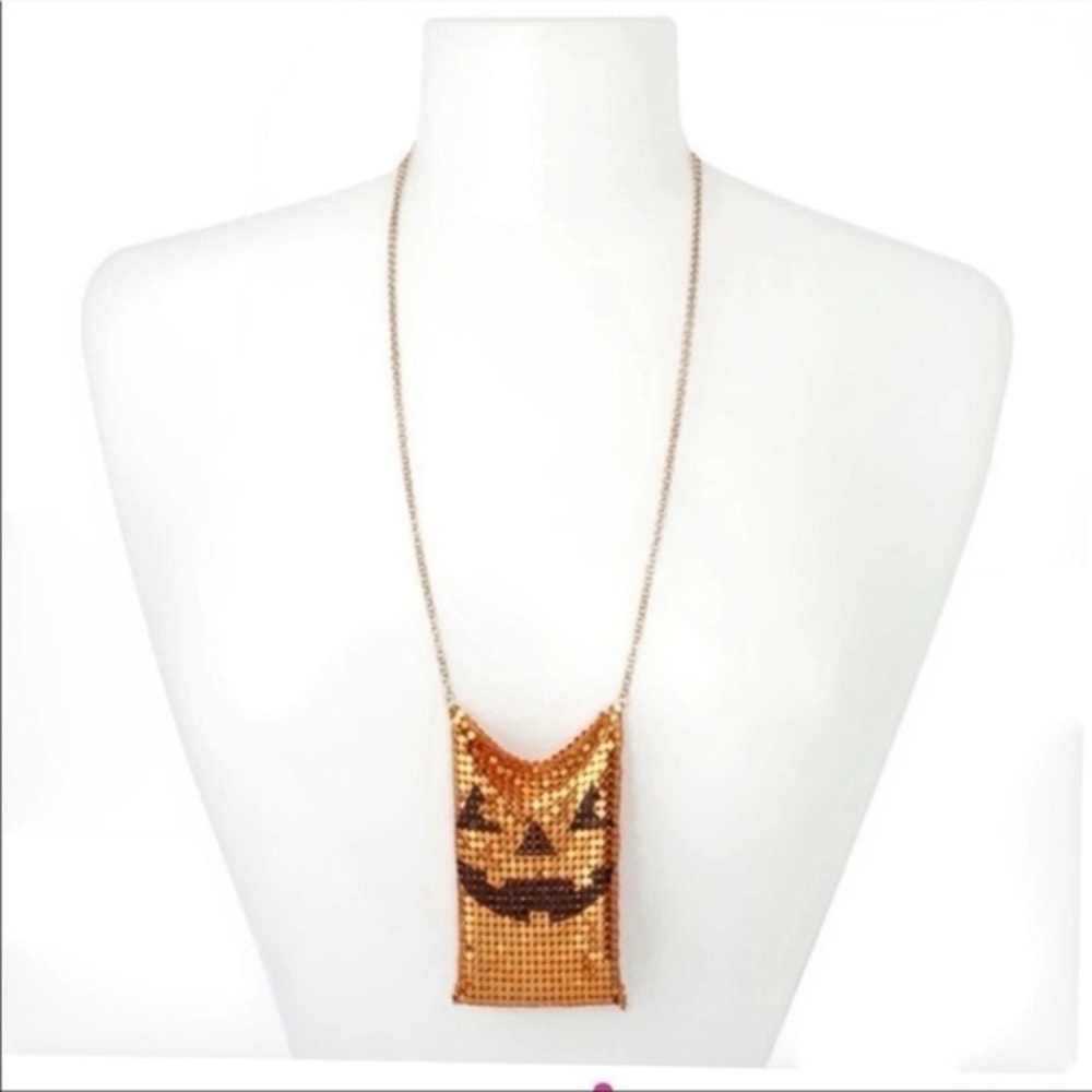 Betsey Johnson Jack-O’-Lantern Orange Sequin Mesh Statement Necklace Halloween - Picture 2 of 6